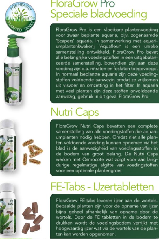 Verpakkingen van Colombo FloraGrow Pro Speciale bladvoeding, Nutri Caps en FE-Tabs - IJzertabletten.