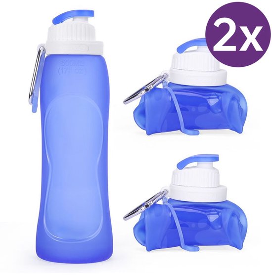 2 stuks opvouwbare waterfles – siliconen – hemelsblauw – 500ml