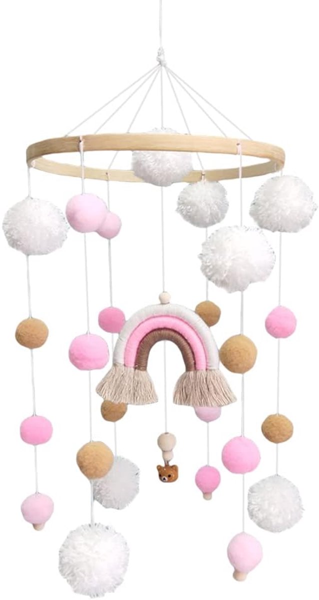 Baby Bed Decoratie - Wieg Mobiel - Babykamer Aankleding - Handgemaakt Hout - 45 cm Hoog - Wit Roze