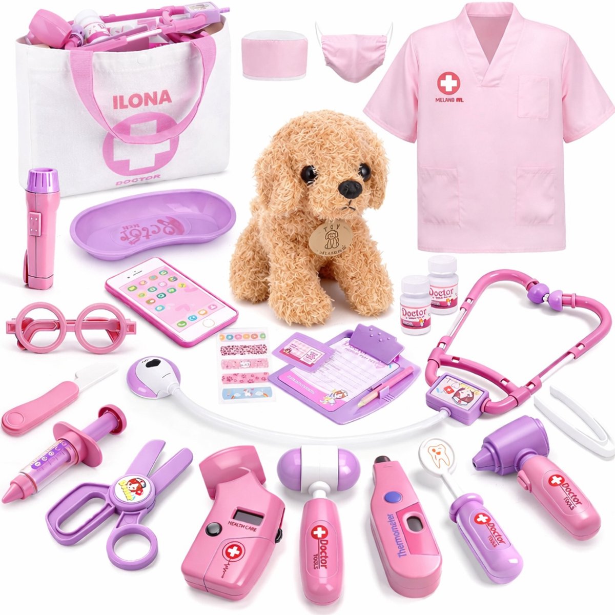 Ilona Dokterset Speelgoed voor Meisjes - Dokter Speelset met Hondje - Draagtas, Stethoscoop & Verkleedkostuum kinderen - cadeau voor Kinderen en Peuters van 3, 4, 5 en 6 Jaar voor Rollenspel