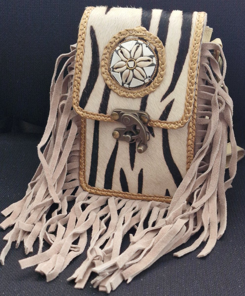 Koeienhuid Telefoontasje met franjes en Vintage Haakje Zebraprint - (B x H x D) ca. 12,5 cm x 19,5cm x 5,5 cm