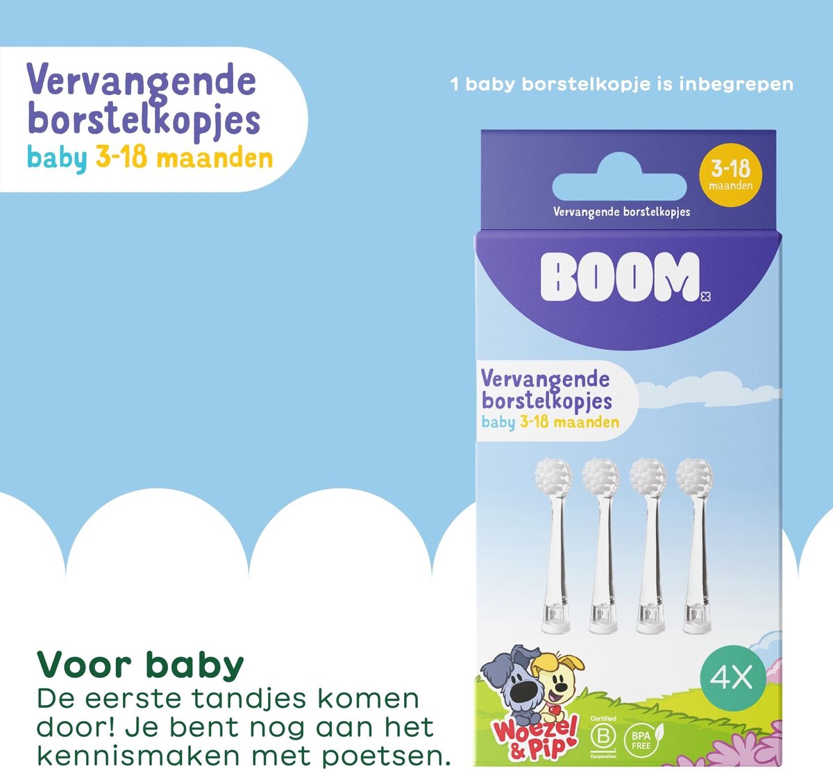 BOOM - Woezel & Pip Elektrische Tandenborstel Kind (Baby & Peuter) - 3-48 maanden - LED-lampje - 2 Borstelkopjes inbegrepen – foto 2