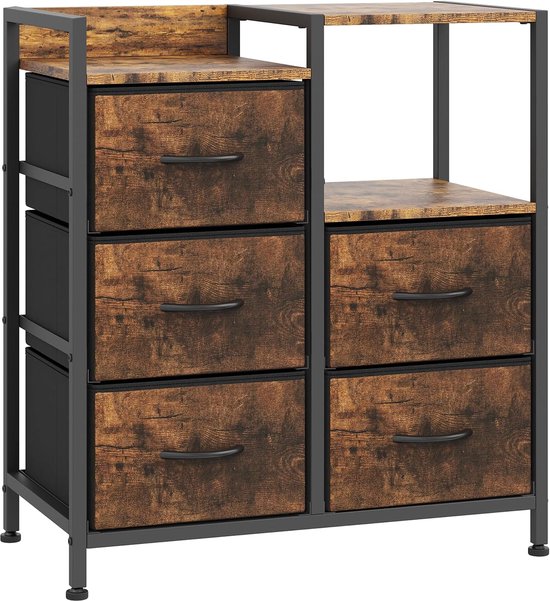 Commode industrielle à 5 tiroirs - Armoire de rangement compacte pour chambre à coucher, salon ou couloir - 63x29x76 cm - Tiroirs en tissu avec poignées - Noir / Aspect bois