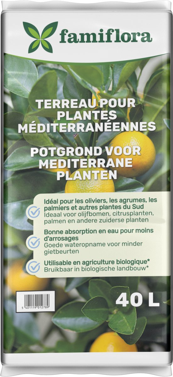 Famiflora Potgrond Mediterrane Planten - 40L - Rijk Aan Voeding - Voor Olijfbomen, Lavendel & Citrus - Luchtig & Voedzaam