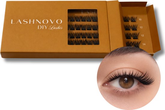 Gouden doos met Lashnovo DIY Lashes, een close-up van een oog met individuele nepwimpers.