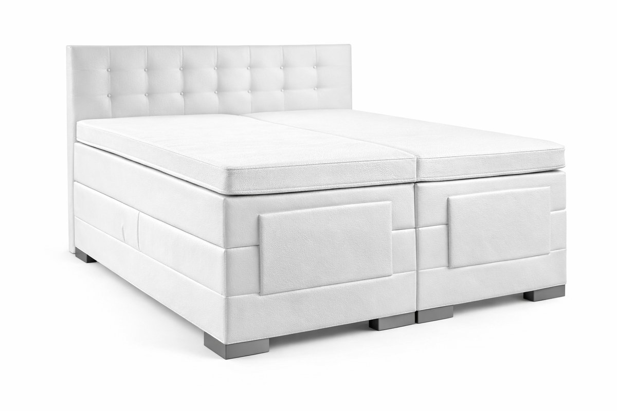 Elektrische Boxspring - 100x190 - Incl. Geknoopt hoofdbord - Wit lederlook met plint