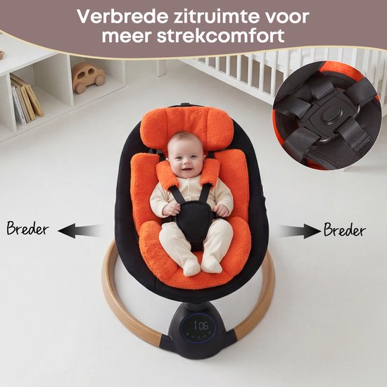 3Babies® Baby Swing - Elektrisch Wipstoel - Babyschommel - Elektrische Schommelstoel baby - Wasbare Bekleding - Afstandsbediening en App - Teddy Materiaal - Oranje en zwart van 3Babies® — afbeelding 4