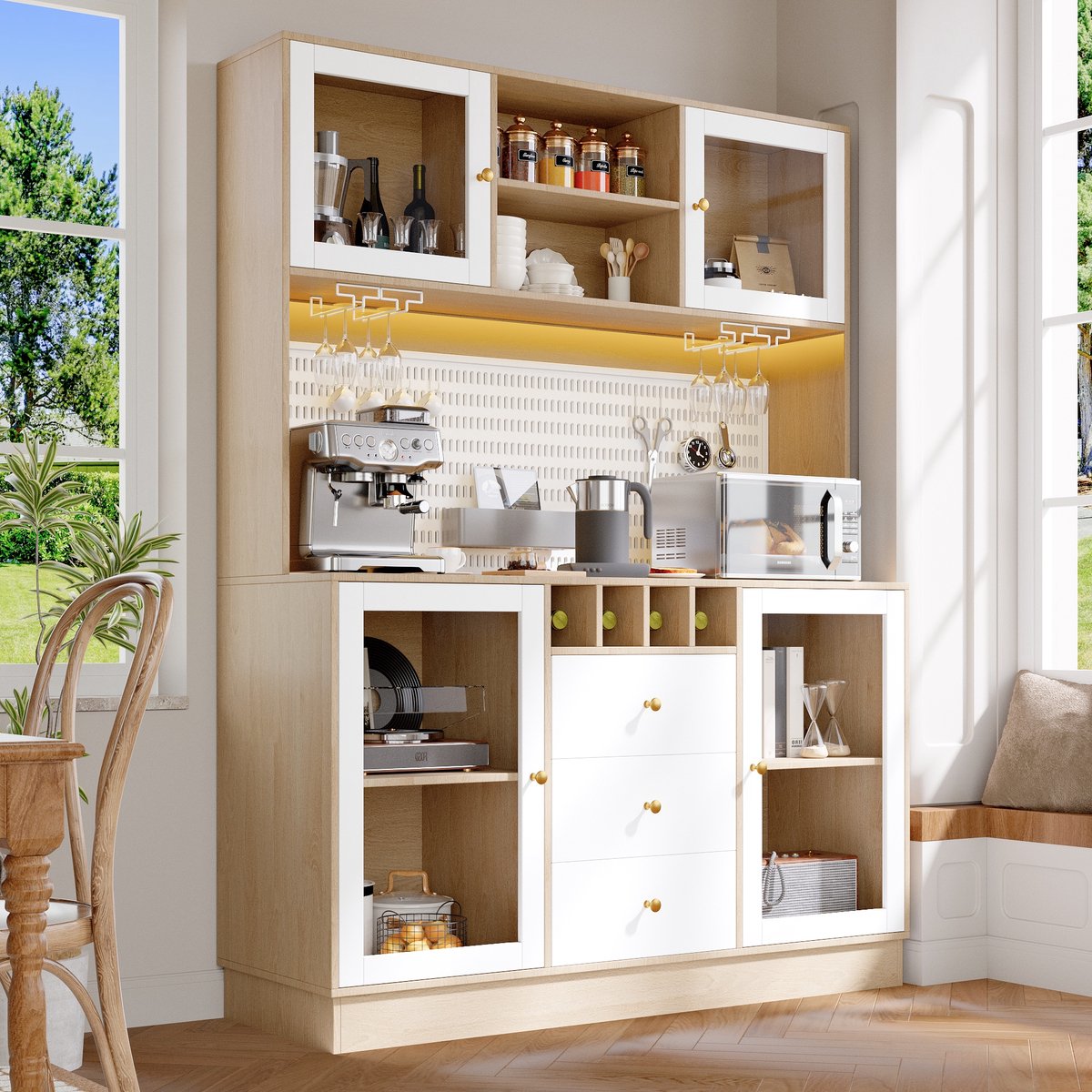 MODENUIT Buffetkast - Met Ledverlichting En Wijnglasrek - Voor Woonkamer En Keuken - MDF En Glas - 140x40x185,7 Cm - Wit
