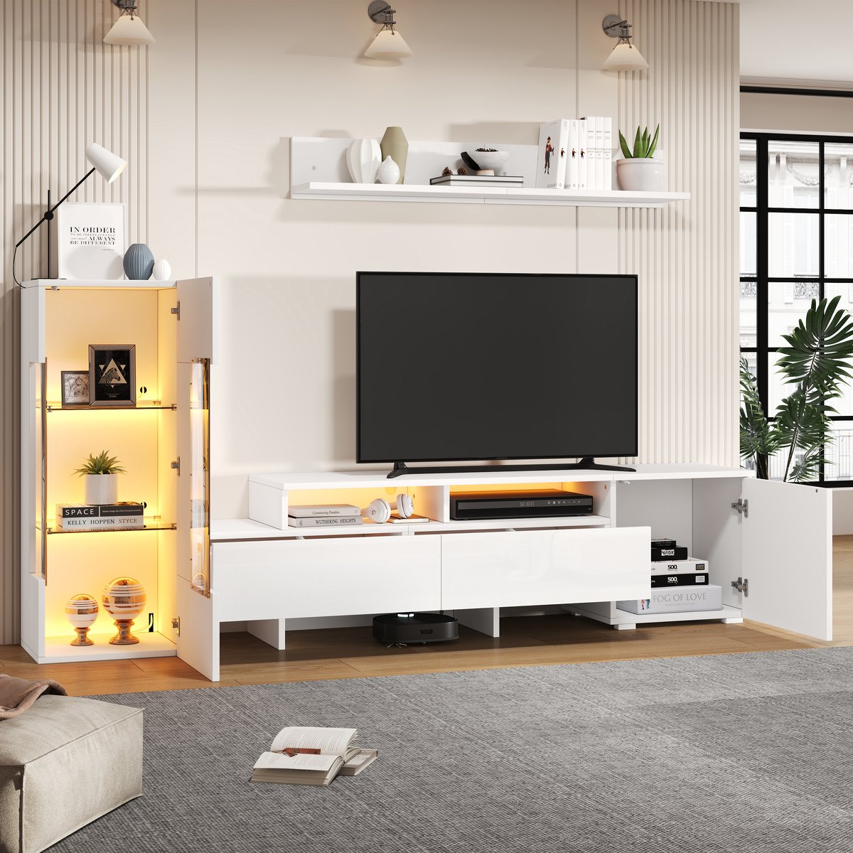 MODENUIT Tv-meubelset - Hoogglans Met Led, Wandkast En Tv-kast - Voor Woonkamer - Wit - 170x35x45 Cm