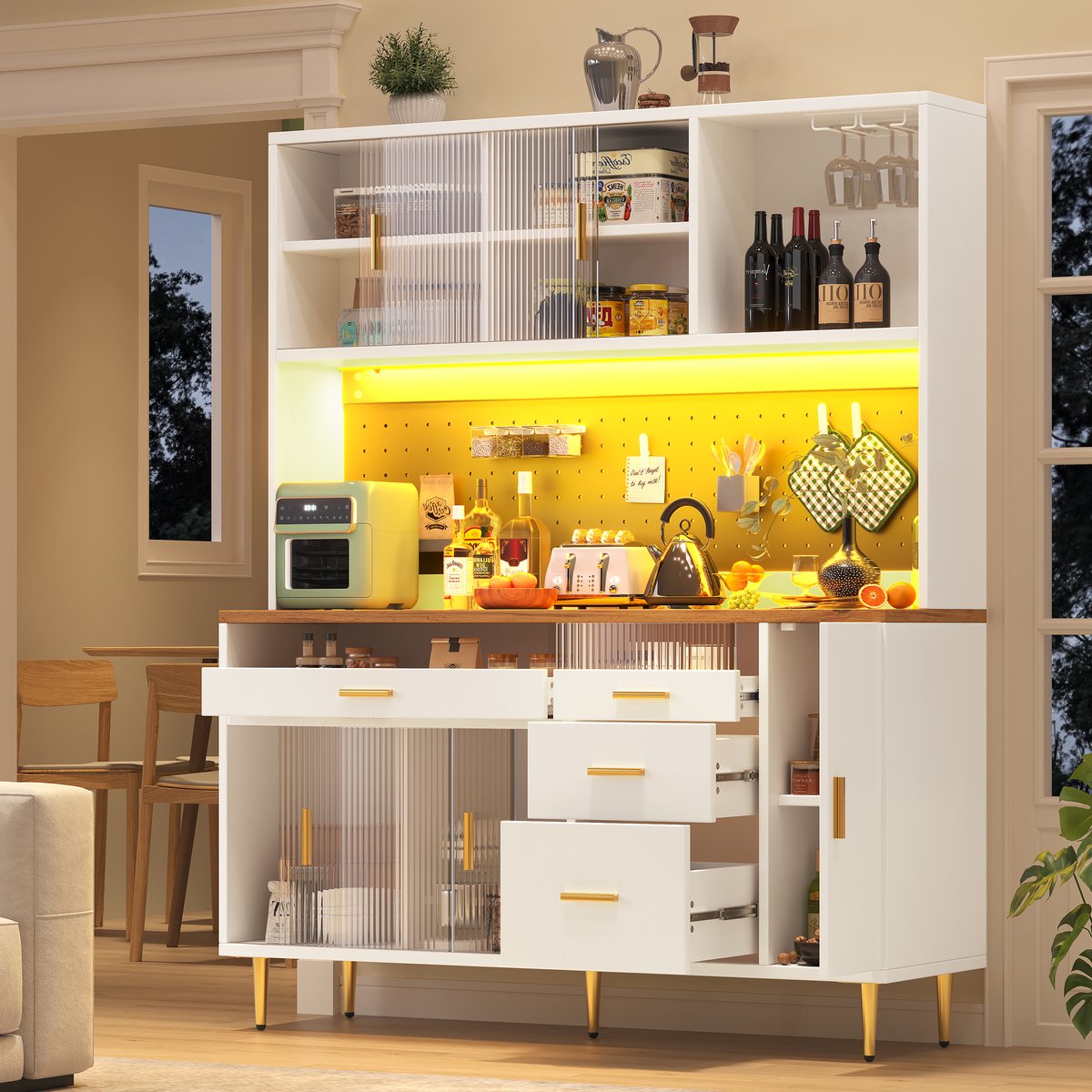 MODENUIT Hoge Kast - LED, Glazen Schuifdeur En Verstelbare Planken - Voor Woonkamer En Keuken - Wit - 145x39x171 cm