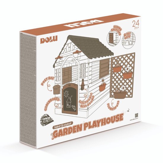 Doos van Dolu Garden Playhouse met afbeeldingen van de kenmerken zoals postvak, deurbel, bloempotten.