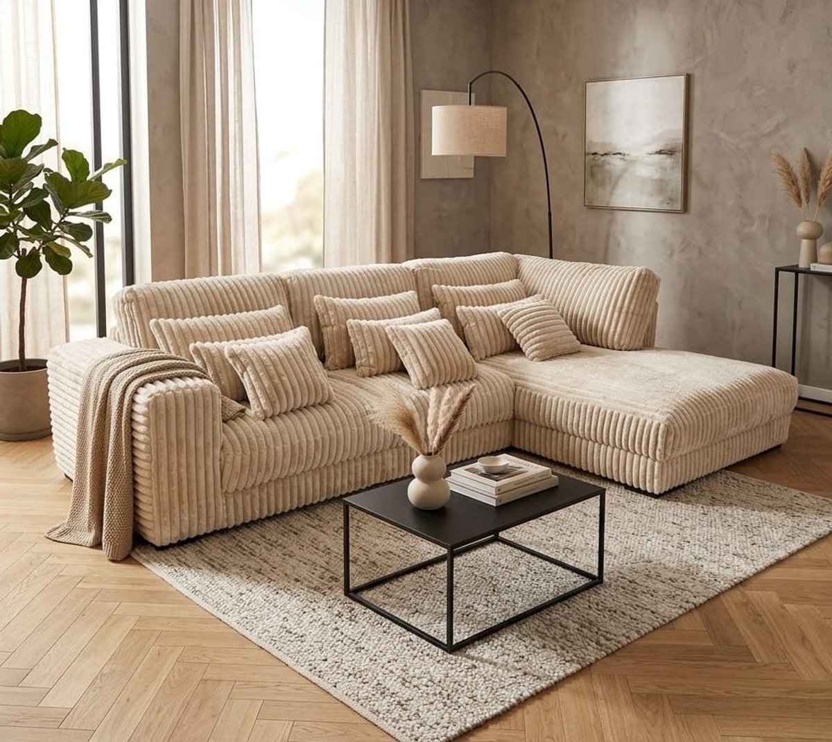 hoekbank mana- lounge rechts- beige ultra dikke ribstof - hoeksalon beige rechts