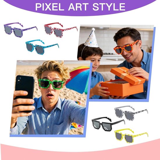Pixel Zonnebrillen Set - Mosaik Brillen - Feest Accessoires - 8 Kleurrijke Stuks - 14 x 5 cm - Multicolor — afbeelding 2