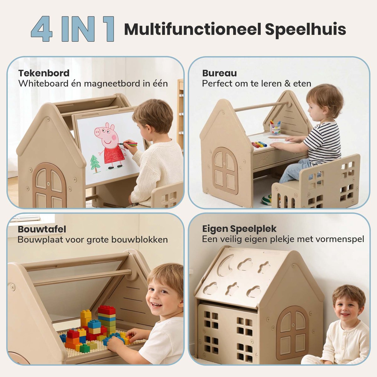 ComfyKidz 4 in 1 Speelhuis & Leerhuis incl. Opbergbank - Voor zowel Binnen & Buiten gebruik – Bouwtafel + Tekenbord + Bureau — afbeelding 2