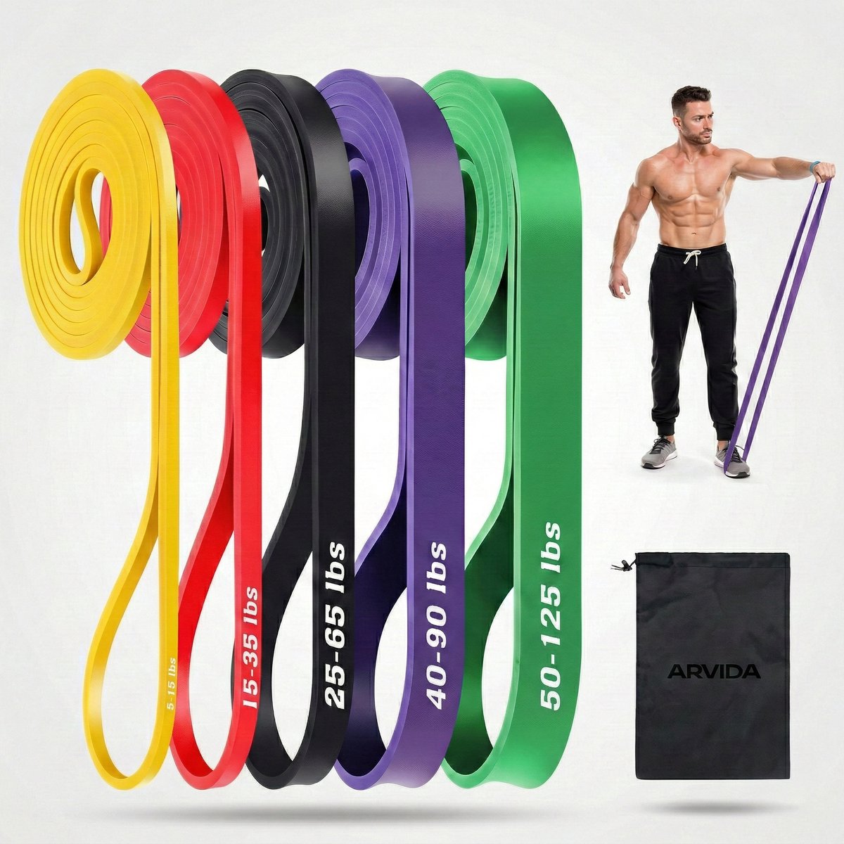 Arvida Lange Weerstandsbanden Set (5-delig) - Fitness Elastiek met Draagtas - 2 t/m 57KG - 208cm - Power Bands voor Pull Up Assist- Premium TPE materiaal