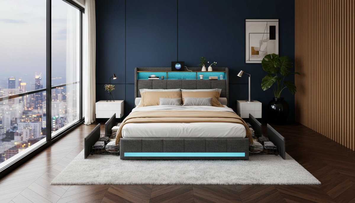 Bedframe 140x200 cm – Casa Velluto Orion Luxe Tweepersoonsbed met 4 Opberglades, RGB LED-verlichting, USB & Type-C Poorten – Gestoffeerd Linnen – Modern Design – Grijs