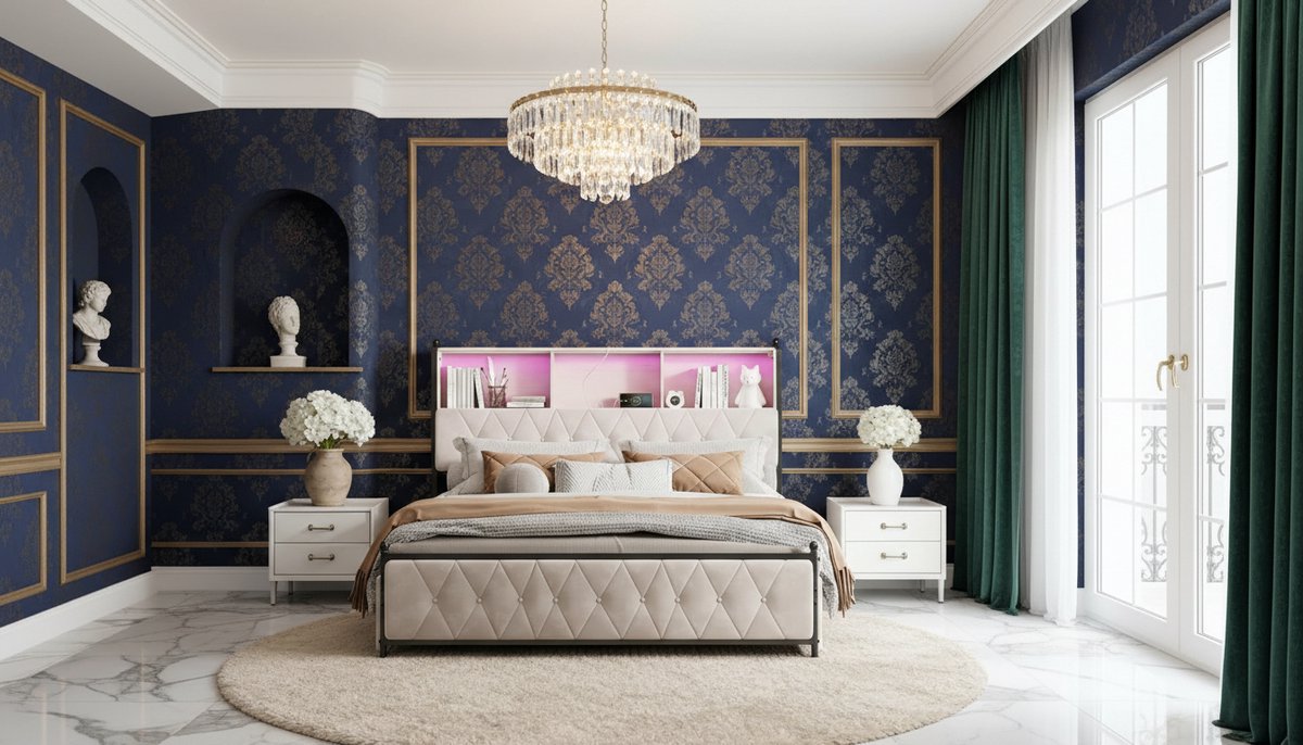 Opbergbed 140x200 cm – Casa Velluto Royal Glam Luxe Fluwelen Tweepersoonsbed met 4 Lades, Hoofdbord met Open Vakken, LED & USB – Metalen Bedframe met Lattenbodem – Beige E