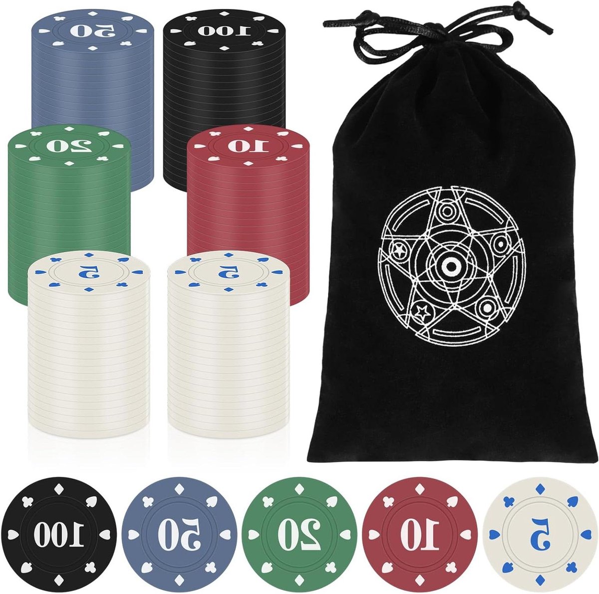 110-delige pokerchips set met nominale waarden en fluwelen zakje - feestaccessoires voor poker- en casinospellen - zwart casino-chips pakket