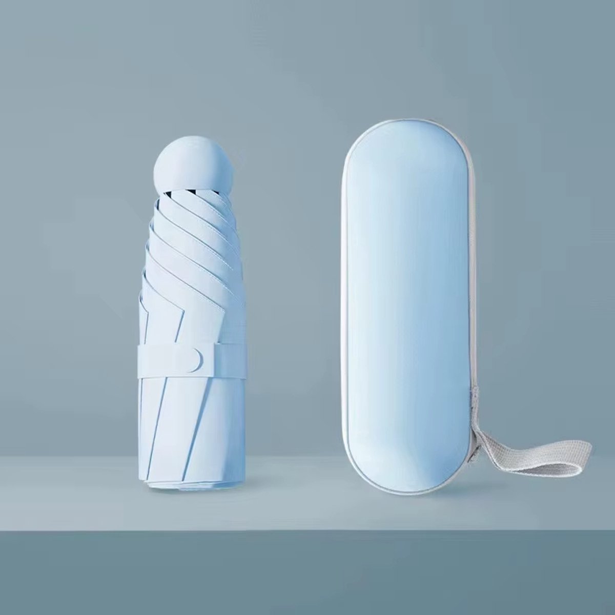 Mini Paraplu Opvouwbaar Lichtblauw – Compacte Zakparaplu met UPF 50+ – Lichtgewicht Reisparaplu 6 Ribben – Voor Zon en Regen Inclusief Hoes
