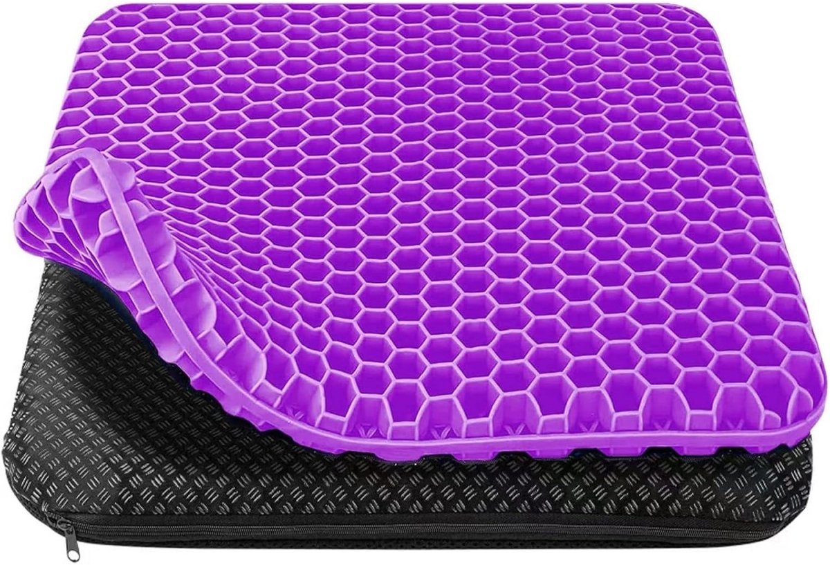 GELLDG Zitkussen geschikt voor bureaustoel - Orthopedisch gel zitkussen - Geschikt voor bureaustoelen en autostoelen - Zacht en comfortabel - Inclusief wasbare antisliphoes - Paars - 42 * 36 * 3,5 cm