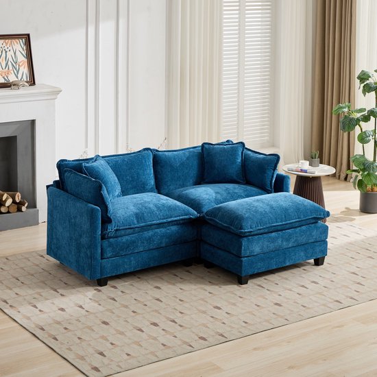 HAUSS SPOLE Repose-pieds - Élément Modulaire Pour Canapé Lounge - Déplaçable Et Confortable Avec Épais Coussin D'Assise - Pour Salon Et Chambre À Coucher - Chenille Bleu