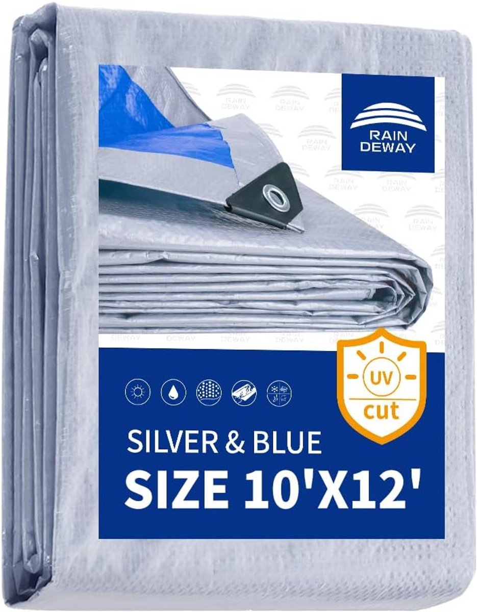 Waterdicht Polyzeil 10x12 Voet Zilver/Blauw met Metalen Oogjes - Duurzaam Dekzeil