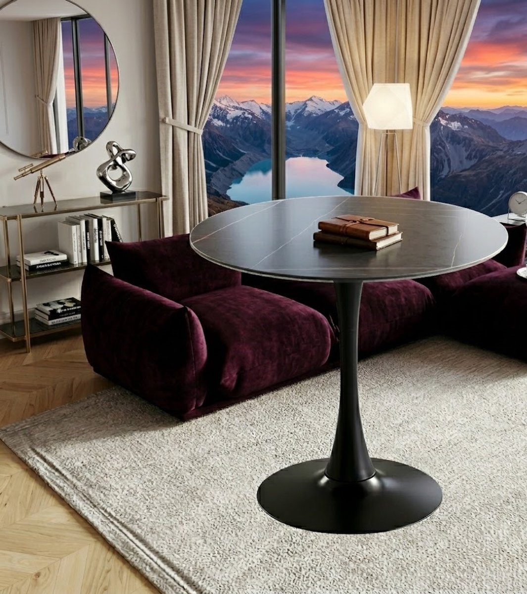 Moderne Ronde Zwart Granieten Eettafel - 70 cm - Stijlvolle Keuken-, Woonkamer- en Koffietafel met Stevige Metalen Tulppoot - Duurzaam, Waterbestendig en Ruimtebesparend Casa Serena