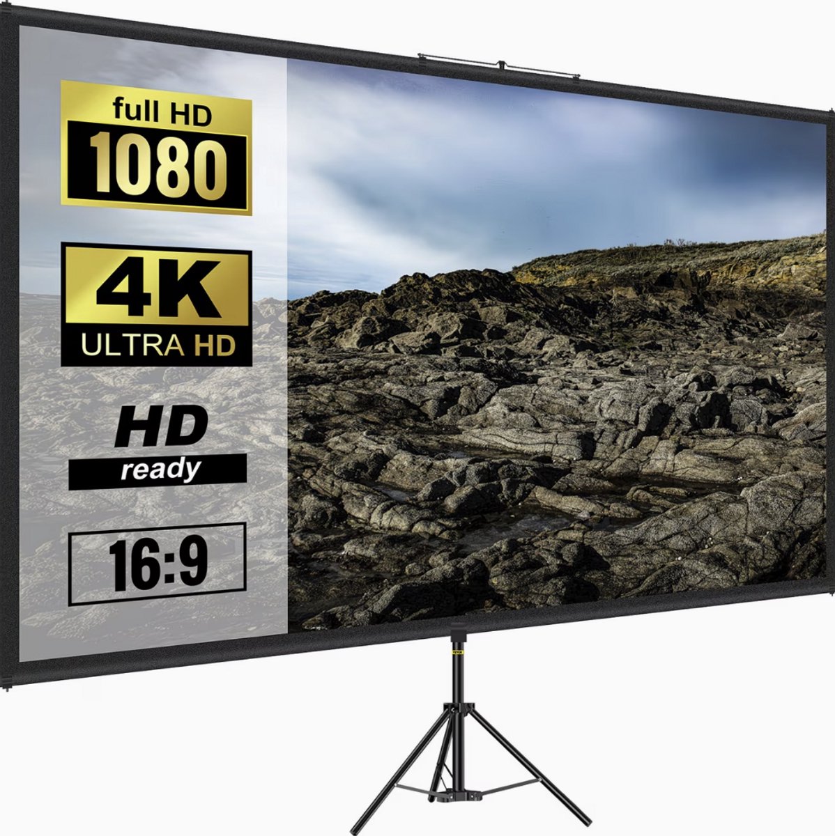 Projectiescherm met Statief 70 Inch – 16:9 4K HD Projector Screen – In Hoogte Verstelbaar & Kreukvrij – Draagbaar Projectiescherm voor Binnen & Buiten – Home Cinema, Gaming & Kantoor