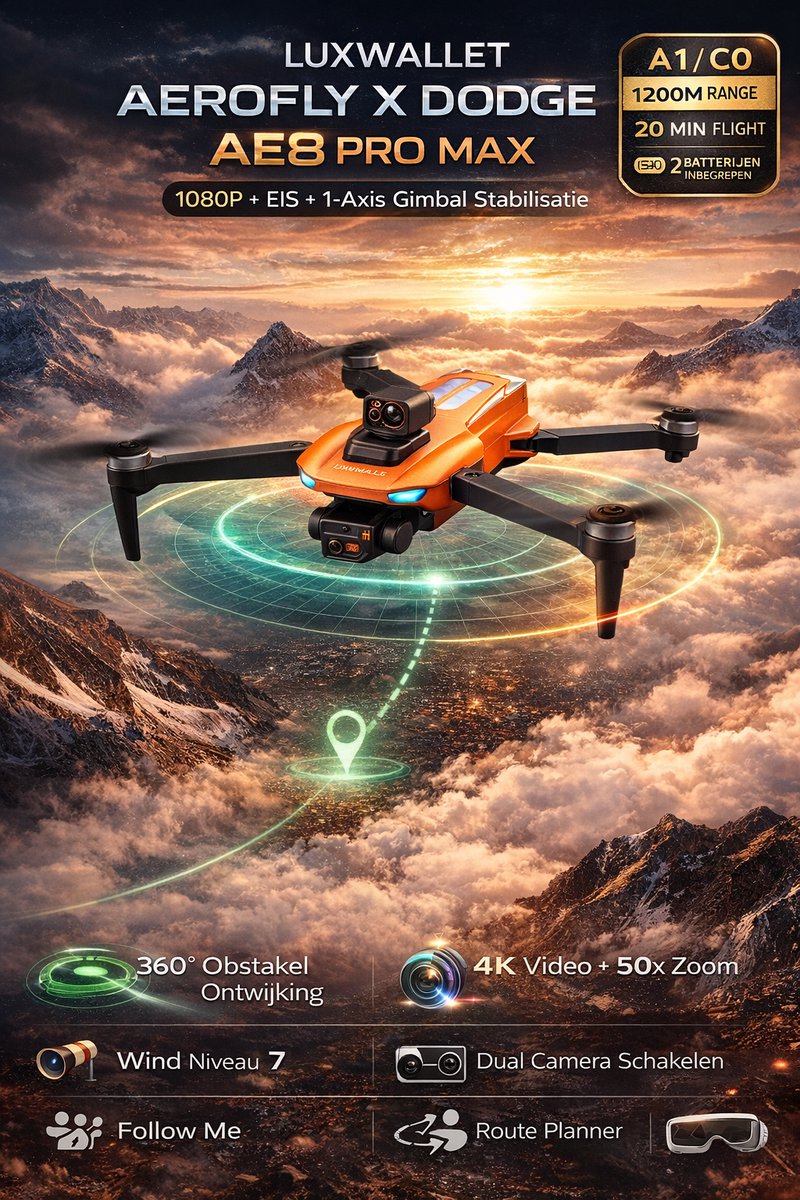 LUXWALLET Aerofly Pro Dodge - 30km/h - GPS Drone + OAS (Obstakels Vermijden) - 1200 Meter - 1-As Camera - EIS Stabilisator + 2 ACCU + IOS/Android App thumbnail 2