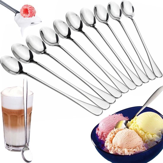 Lot 10 Cuillères Longues Latte Macchiato 18 Cm – Acier Inoxydable, Dessert & Cocktail