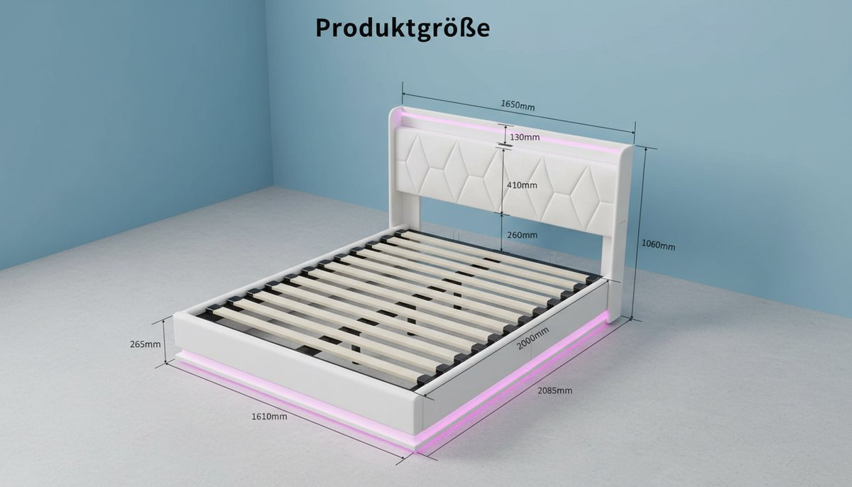 Bedframe 160x200 met LED-verlichting – Casa Velluto Lumina Luxe 2-persoons Bed – Wit Fluweel – Metalen Frame – Houten Lattenbodem – Modern Design – Opbergruimte – Queen Size
