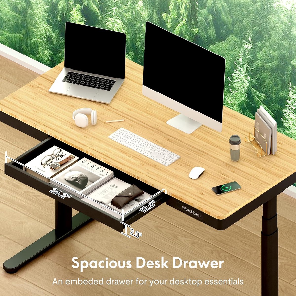 Electric Height Adjustable Desk 140x70 cm – Dual Motor, Bamboo Surface, Wireless Charging, Cable Management & Drawer – Anti-Collision, 4 Memory Presets – Abkantoor