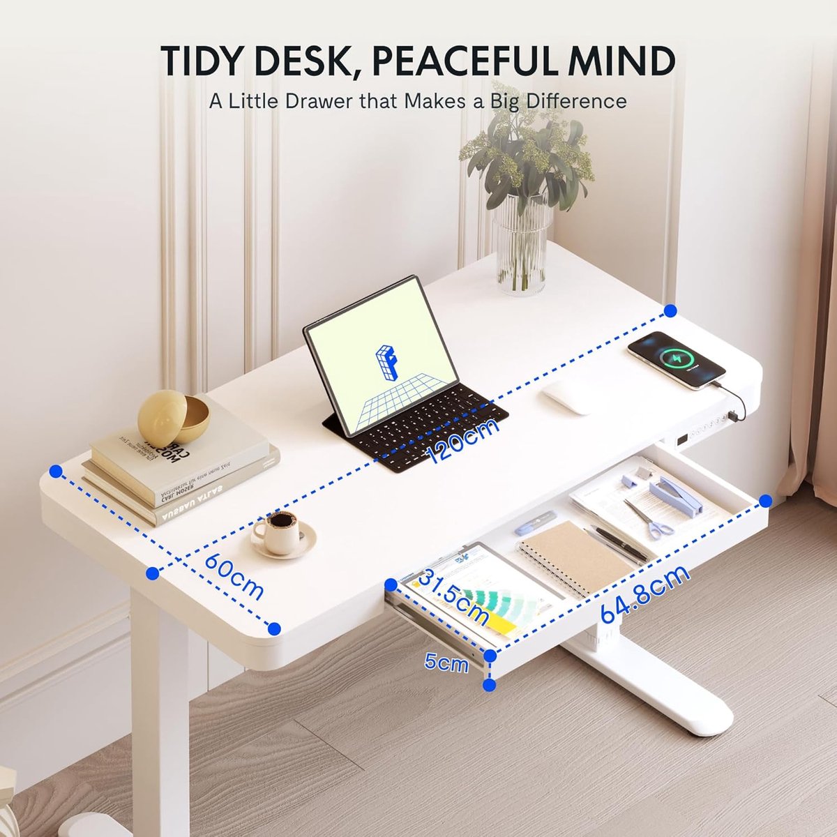 Elektrisch Zit Sta Bureau 120x60 cm met Lade, LED Display, Geheugenfunctie & USB-C – In Hoogte Verstelbaar Bureau – Elegant Wit – Abkantoor MotionPro Q3