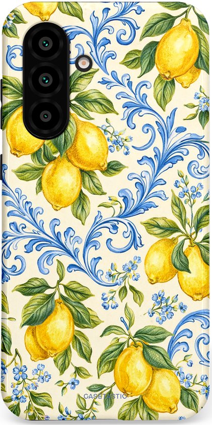 Hoesje met een patroon van citroenen en blauwe bloemen en ranken.