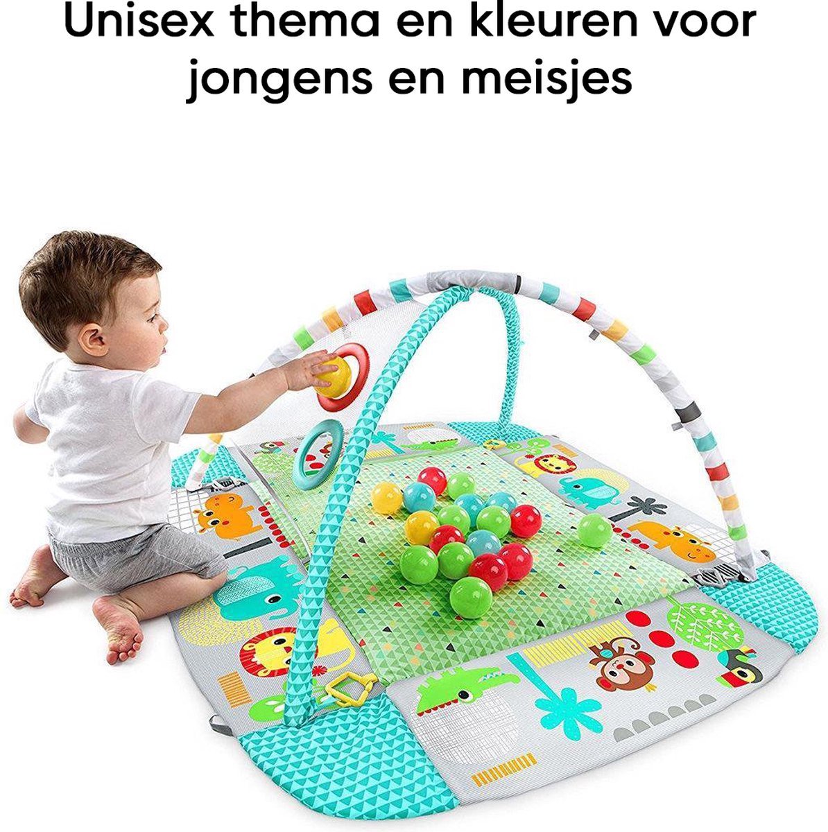 Multifunctioneel Speelkleed Baby + Buikligtrainer - Babygym met AANPASBARE WANDEN - Speelmat met Boog - Incl. 20 Ballen + 5 Speeltjes - Vanaf 0m+ — afbeelding 6
