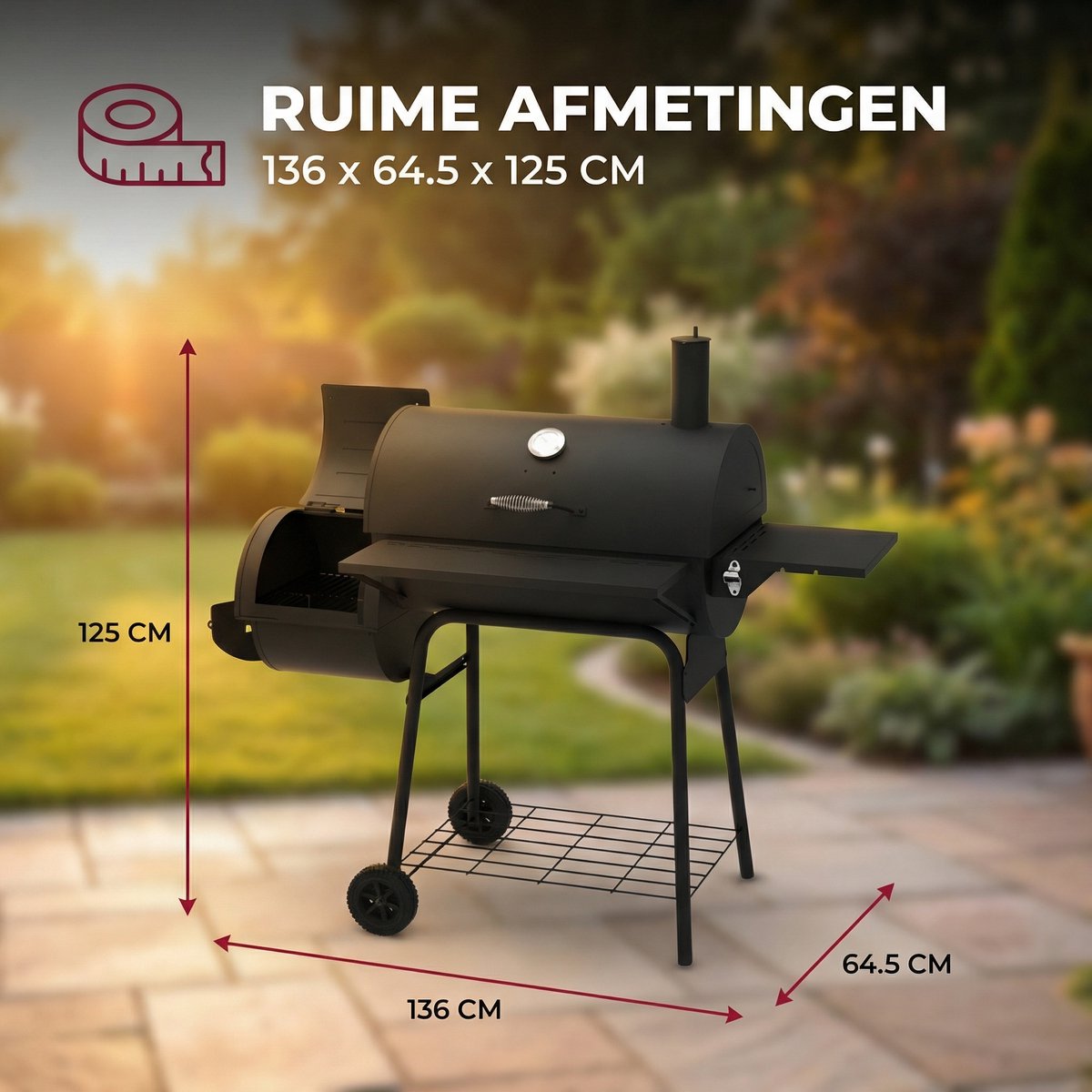 Lugia Houtskool BBQ - Smoker Barbecue – 136 cm – Grote Grill 66x41 cm - Warmhoudrek – Zijtafel met Flessenopener – Zwart – foto 5