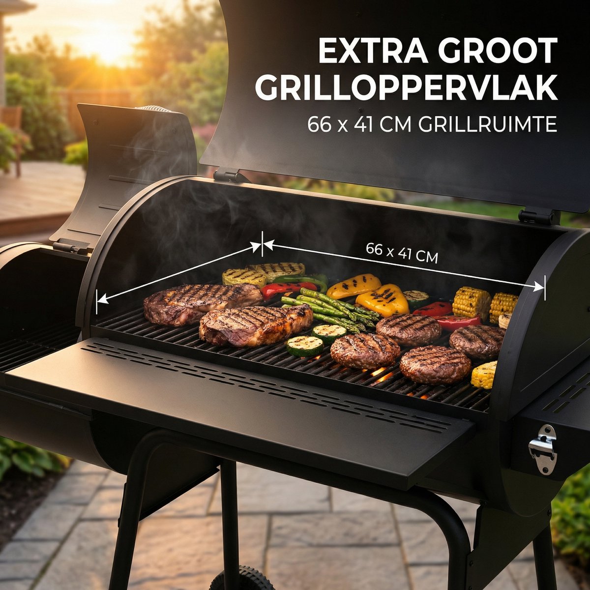 Lugia Houtskool BBQ - Smoker Barbecue – 136 cm – Grote Grill 66x41 cm - Warmhoudrek – Zijtafel met Flessenopener – Zwart – foto 8