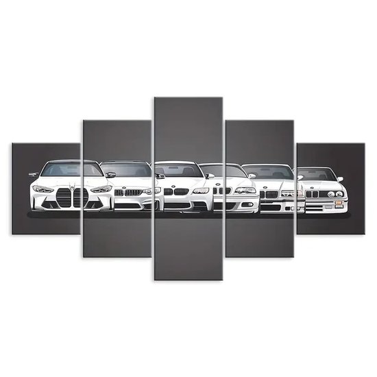 Canvas poster set van 5 - Autoposter - Auto - BMW M Serie - M3 E30 - M3 E46 - M3 E92 - M4 - Sportwagen - Performance auto - 100 x 55 cm - Zonder lijst - Mancave - Trendy