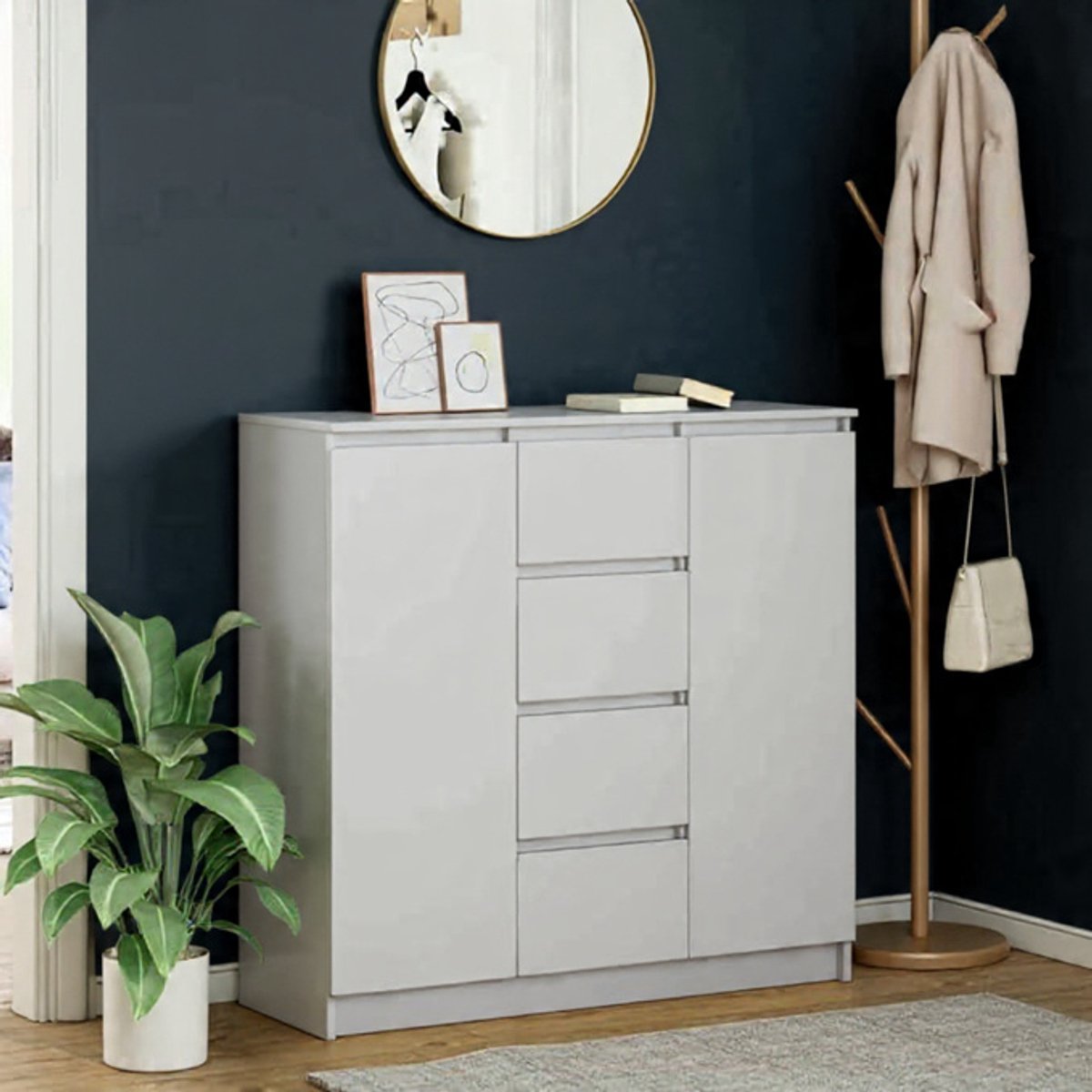 Eleganto Dressoir 100 cm Wit - Dressoir met 4 lades en deuren - Moderne Opbergkast met planken - Commode voor Woonkamer, Hal en Keuken Casa Serena – 100 cm – Casa Dorada