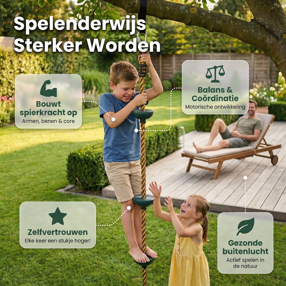 JAXY Schotelschommel - Klimtouw Schommel met Knopen - Kinderschommel Buiten - Buitenspeelgoed - Schommelzitje - Groen — afbeelding 10