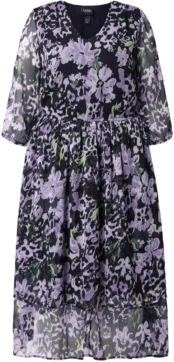 Ulla Popken Dames - Midi-jurk van chiffon bloemen A-lijn V-hals 3/4-mouwen - Lavendel - Maat 46+