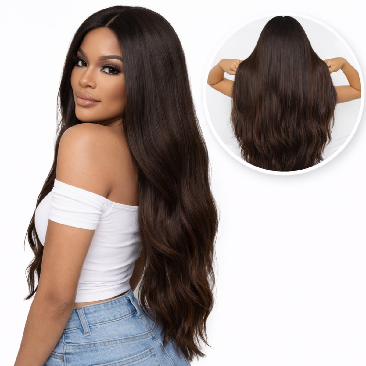SassyGoods Pruik Bruin - Pruiken Dames Lang Haar - Wig - Haarstuk - Wasbaar - Donkerbruin - 70 cm