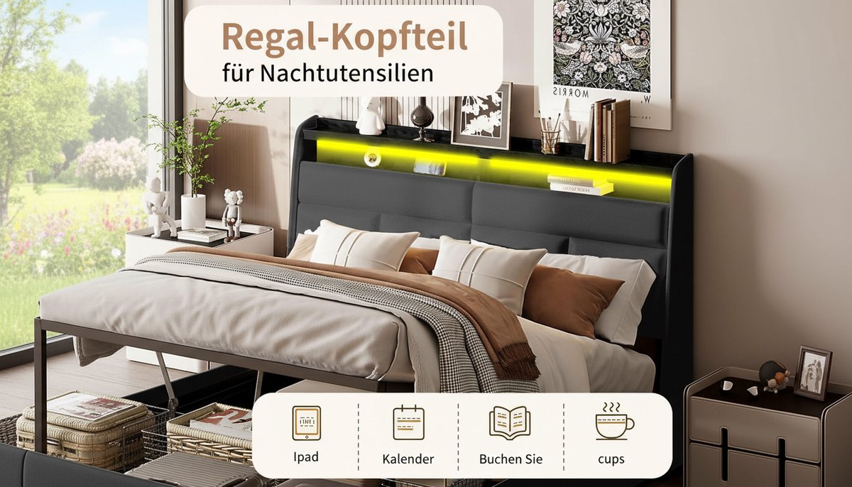 Opbergbed 140x200 cm Casa Velluto – Luxe Gevoerd Tweepersoonsbed met LED-verlichting, USB-poort en Hydraulische Opbergruimte – Modern Zwart Slaapkamerbed voor Volwassenen