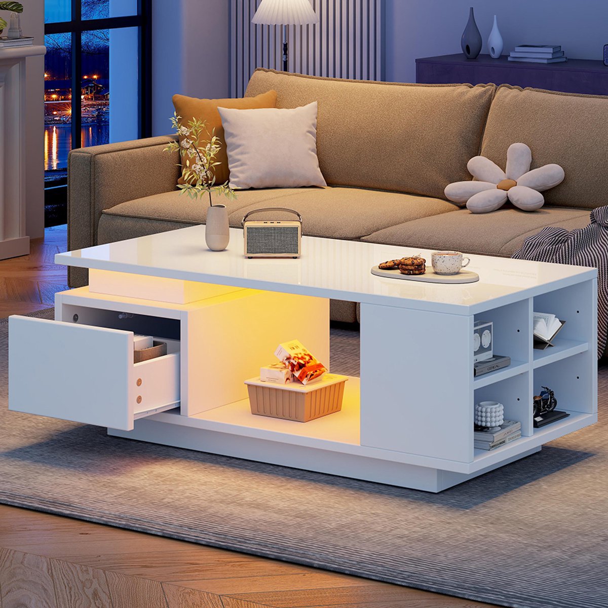 BLACKCOLORS Salontafel 100*50*36 cm, salontafel met lade, glanzende bijzettafel met LED-verlichting, salontafel, salontafel met vier opbergvakken aan de zijkant en een opengewerkt ontwerp in het midden. Wit