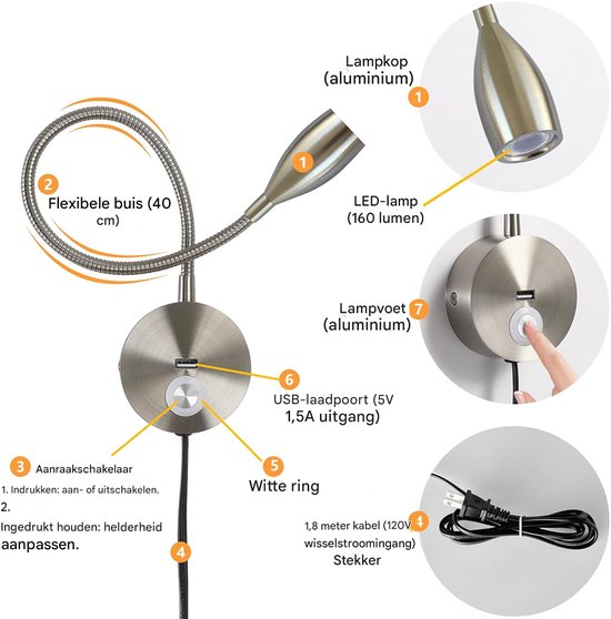 longziming -Flexibele Wandleeslamp met Schakelaar, 13W Cree LED, Bronskleur - Energieklasse A+++ van Longziming — afbeelding 4
