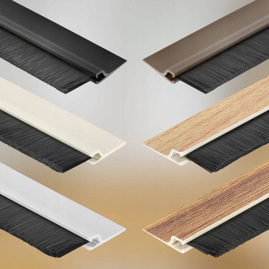 Zes deurtochtstrips in verschillende kleuren: zwart, bruin, crème, houtnerf en wit.