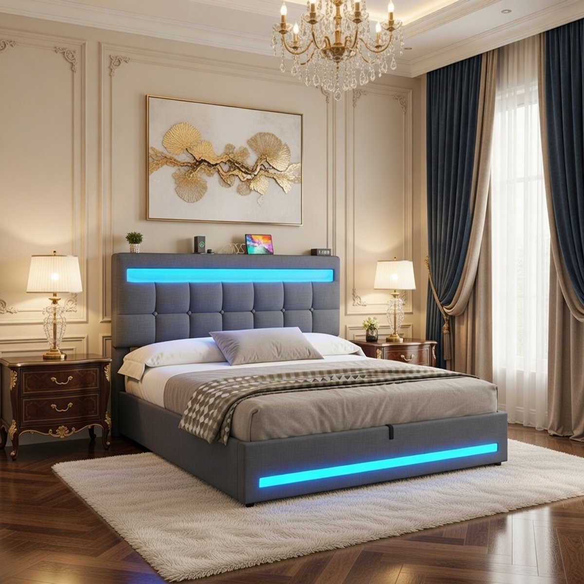 Luxe gestoffeerd bed 140x200 cm met LED verlichting, USB laadstation en hydraulische bedieningsunit - Verstelbaar Hoofdeinde, Modern Design, Donkergrijs, Inclusief lattenbodem, Zonder Matras Casa Serena