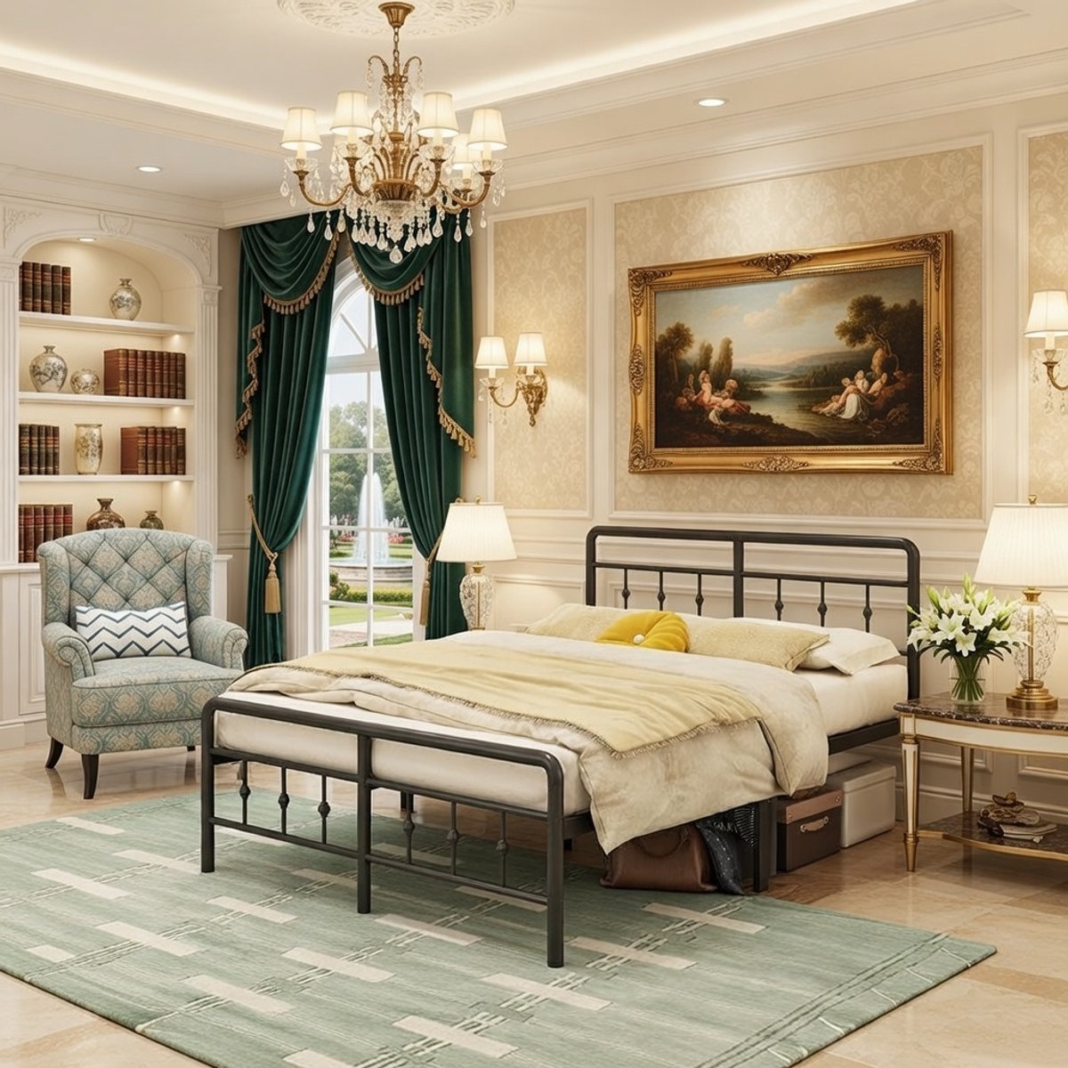 Elegant Metaal Bed 140x200 cm – Stabiel en Geruisloos Bedframe met Vintage Hoofdeinde en Voeteneinde – Zwart Slaapkamerbed met Opbergruimte – Eenvoudige Montage Casa Serena