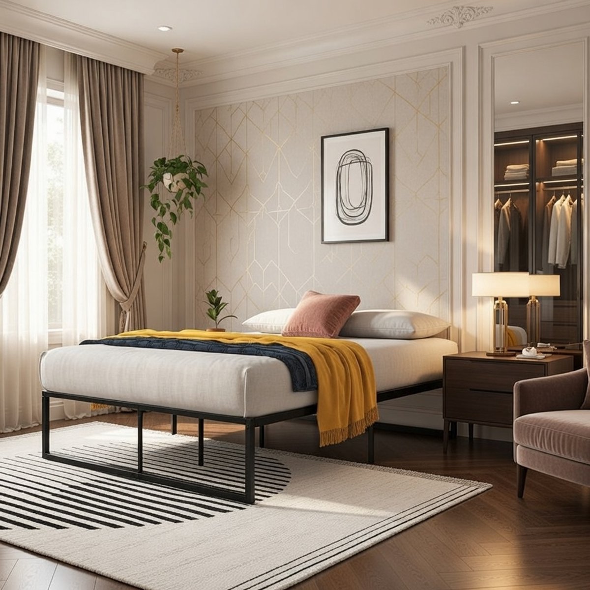 Industrieel Metalen Bedframe met 35,6 cm Opbergruimte & Stalen Lattenbodem – Vol 135x190 cm – Zwart Casa Serena