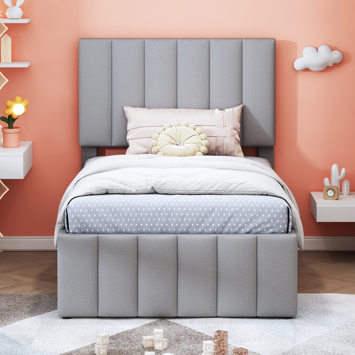 HAUSS SPOLE Gestoffeerd Bed 90x200 cm - Eenpersoonsbed Met Uitschuifbed En 3 Opberglades - Verstelbaar Hoofdbord - Zonder Matras - Linnenlook - Grijs